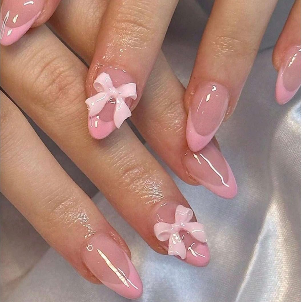 24pcs Press On Nail Short Almond, French Tip Fake Nails, Nude Pink Acrylic Gloss