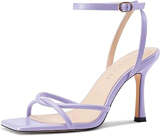 HDEUOLM Women's Stiletto High Heel Square Toe Cap Sandals Ankle Strap Prom Party Dress 10cm Heels