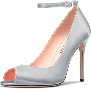 Aachcol Women's High Heel Pumps with Open Toe Ankle Strap, Dress Shoes, Wedding Party, Satin 10 cm