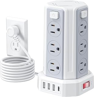 SMALLRT Tower Power Bar with USB C, 10ft Flat Plug Extension Cord Indoor