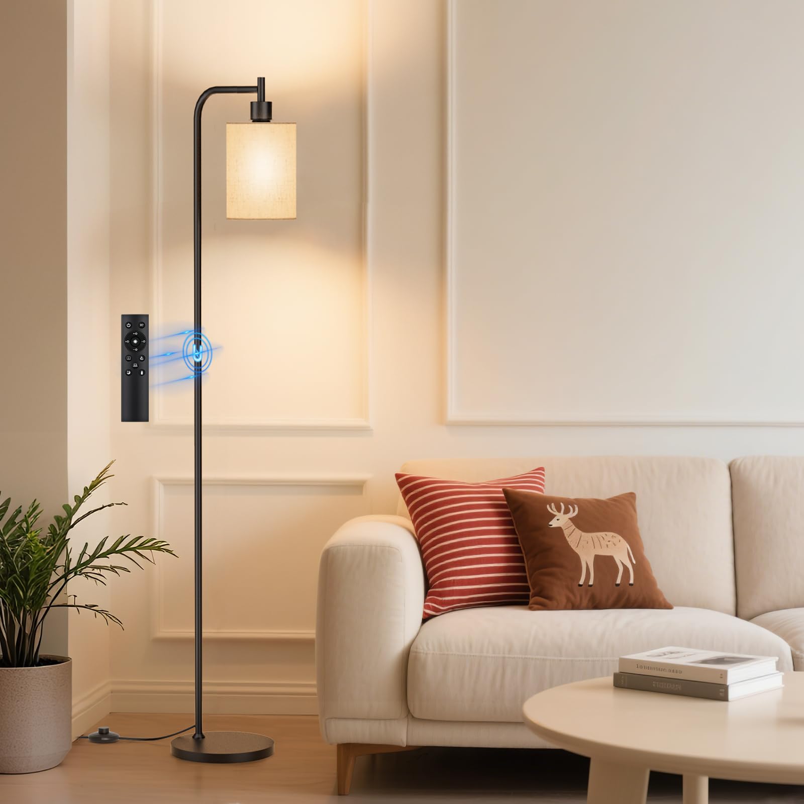 SIBRILLE Floor Lamp with Linen Shade, Dimmable Tall Standing Lamp with Remote Co