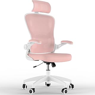 Feonase Ergonomic Office Chair with Adjustable Headrest and Lumbar Support, Mesh Back, Flip-up Armrests and Rocking Function – Swivel Desk Chair for Home Office, Study, Gaming Pink/White