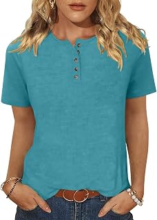 TICTICMIMI レディース クルーネック 半袖 トップス 夏 ベーシック ボタン Tシャツ ゆったり キュート チュニック Tシャツ ブラウス フィット プルオーバー
