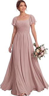 MisShow Women's Flutter Sleeves Bridesmaid Dresses Square Neck Chiffon Maxi Dress A Line Formal Evening Gown