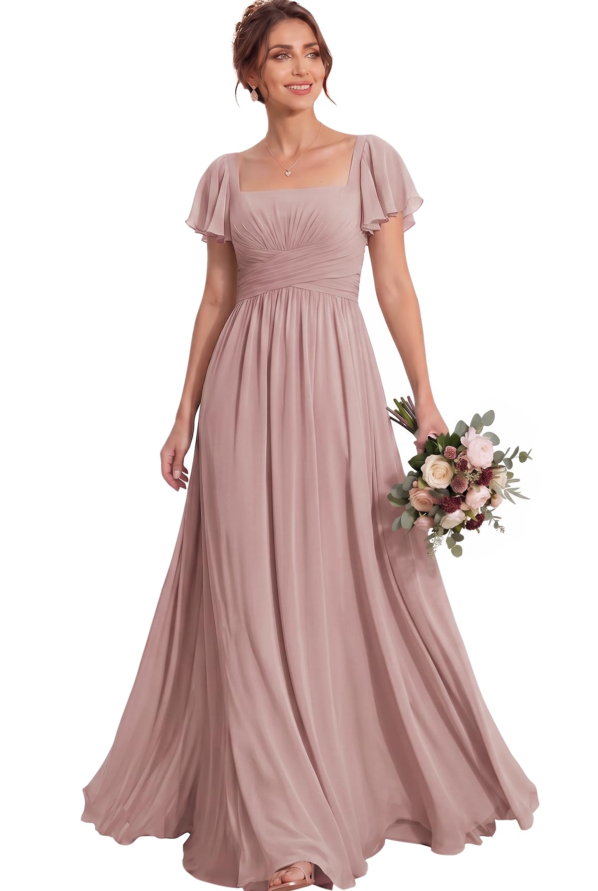 MisShow Women's Flutter Sleeves Bridesmaid Dresses Square Neck Chiffon Maxi Dres
