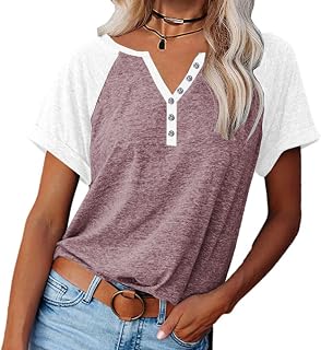 Womens Shirts Summer Henley V Neck Color Block Tshirts Raglan Short Sleeve Casaul Trendy Tops