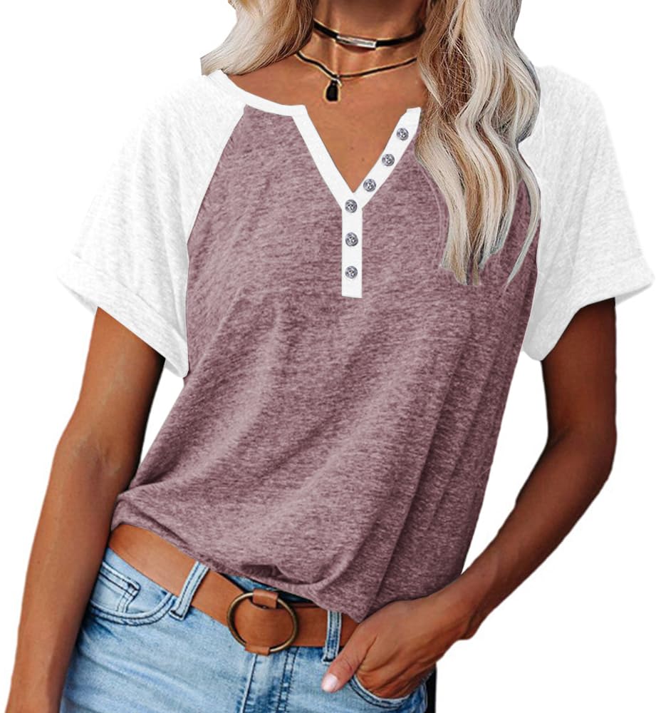 Womens Shirts Summer Henley V Neck Color Block Tshirts Raglan Short Sleeve Casau