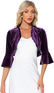 Allegra K Women Velvet Ruffled Cropped 3/4 Sleeve Open Front Cardigan