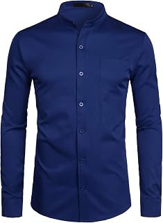 PARKLEES Men's Long Sleeve Grandpa Collar Dress Shirts with Pocket