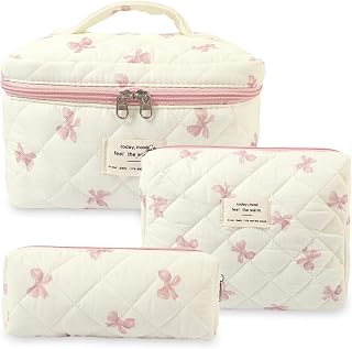 Aucuu 3PCS Coquette Makeup Bag, Quilted Makeup Bag for Women, Floral Cotton Cosmetic Bag Set, Large Capacity Aesthetic Floral Toiletry Bag, Travel Toiletry Bag, Wash Organizer Pouch for Women Girls