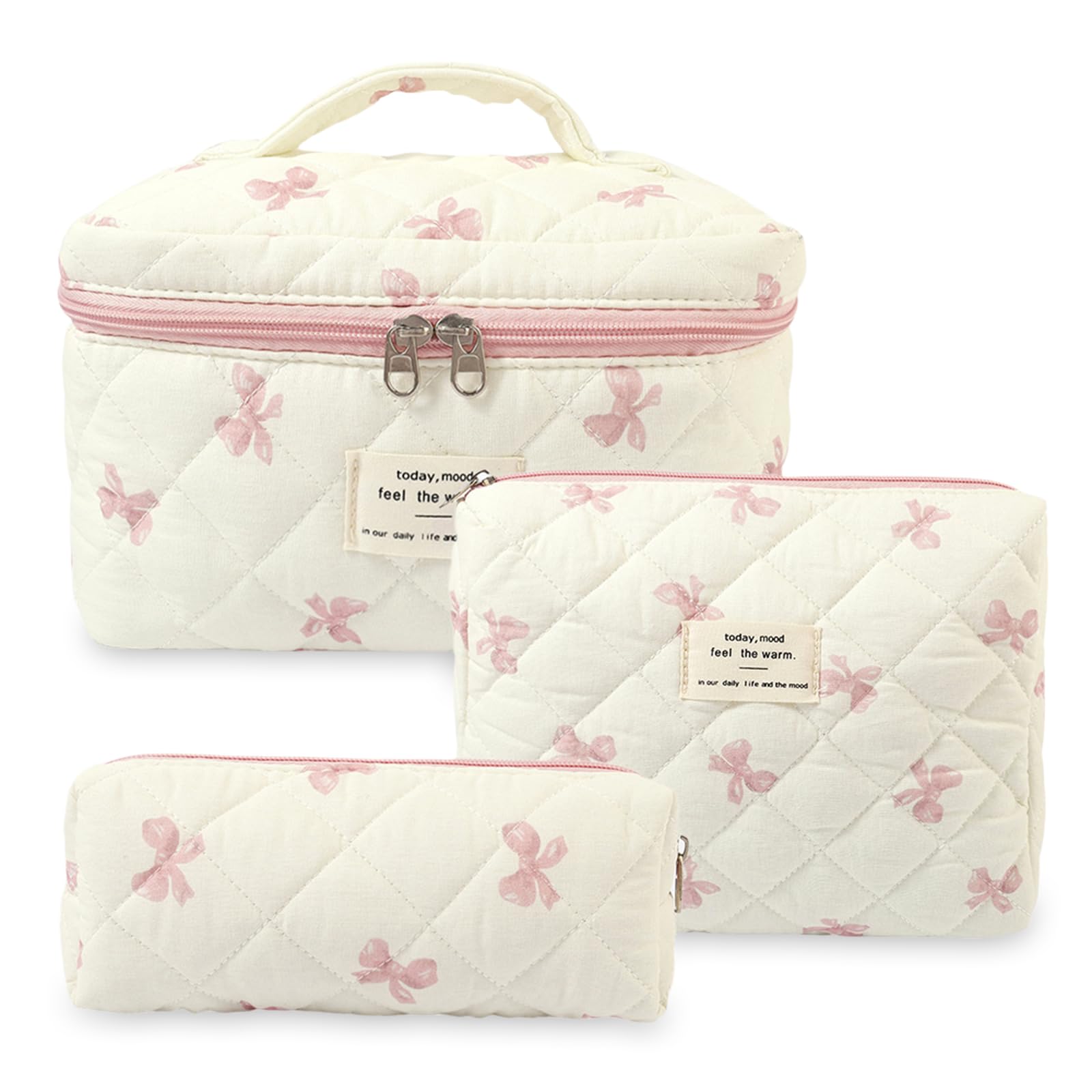 Aucuu 3PCS Coquette Makeup Bag, Quilted Makeup Bag for Women, Floral Cotton Cosm