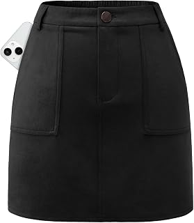 Bridesmay Women's Suede Mini Skirt with Pockets - Elastic High Waisted A-Line Short Pencil Skirts for Women