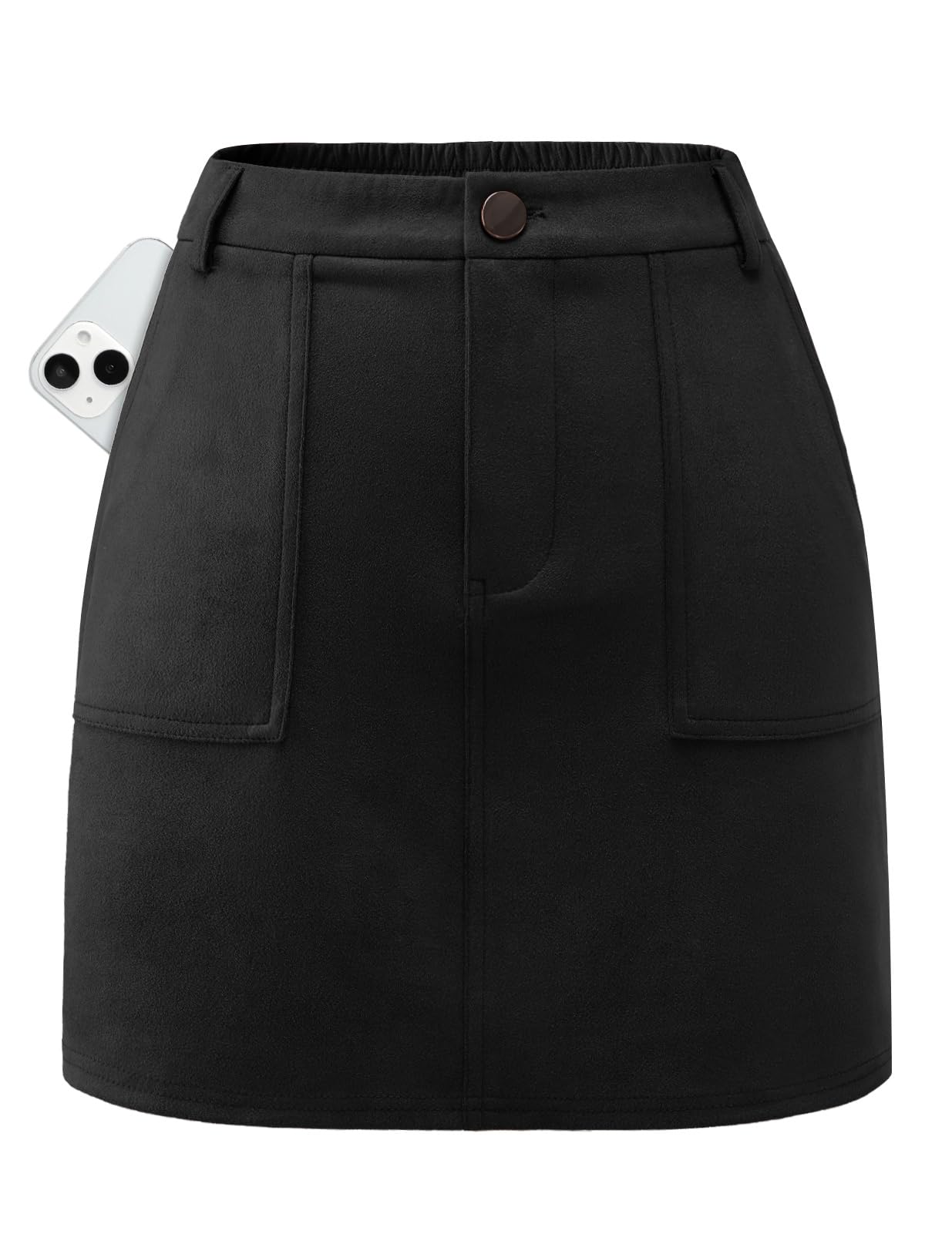 Bridesmay Women's Suede Mini Skirt with Pockets - Elastic High Waisted A-Line Sh