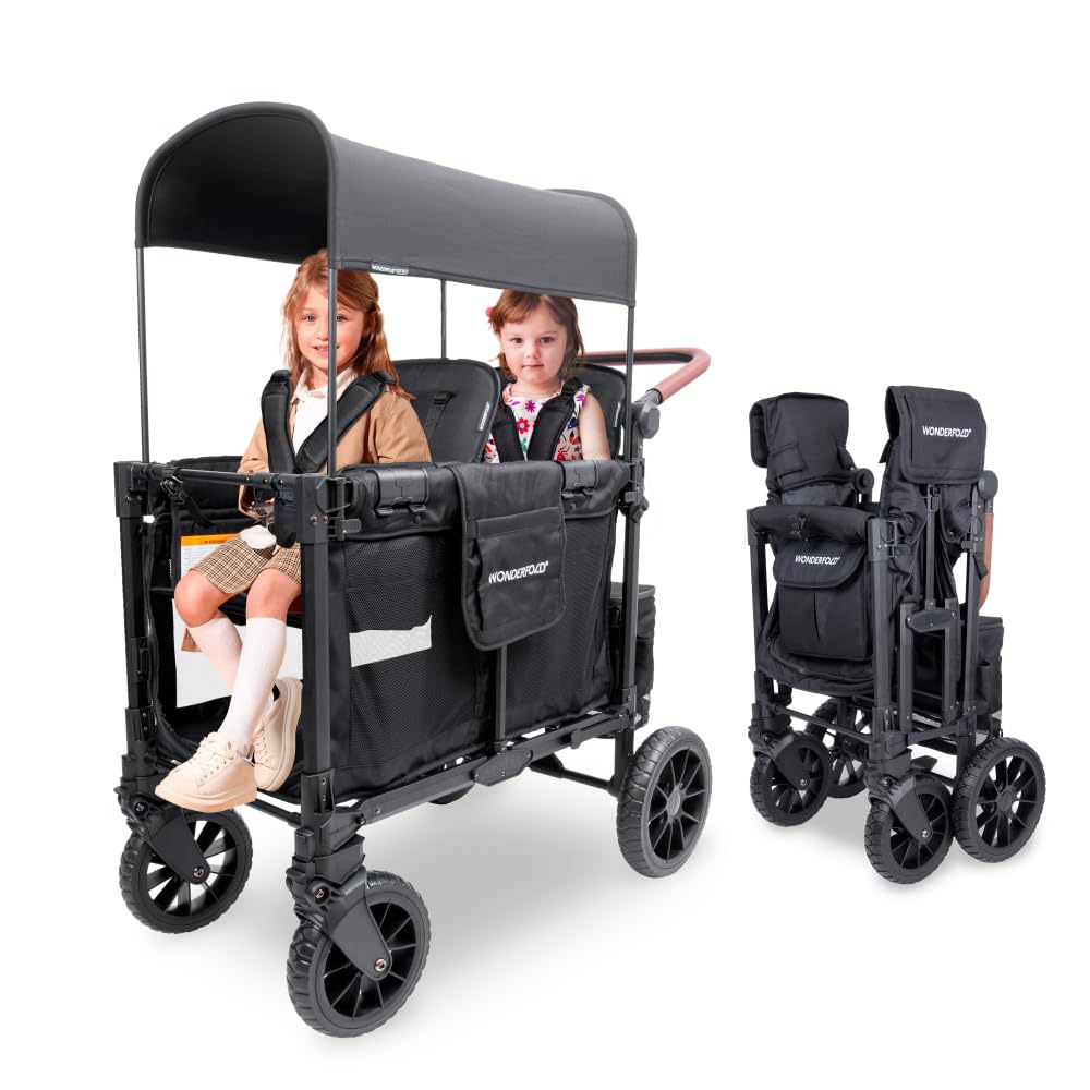WonderFold W2 Luxe Pro Stroller Wagon, Aluminum Frame, 2 Seater, Jet Black | Col