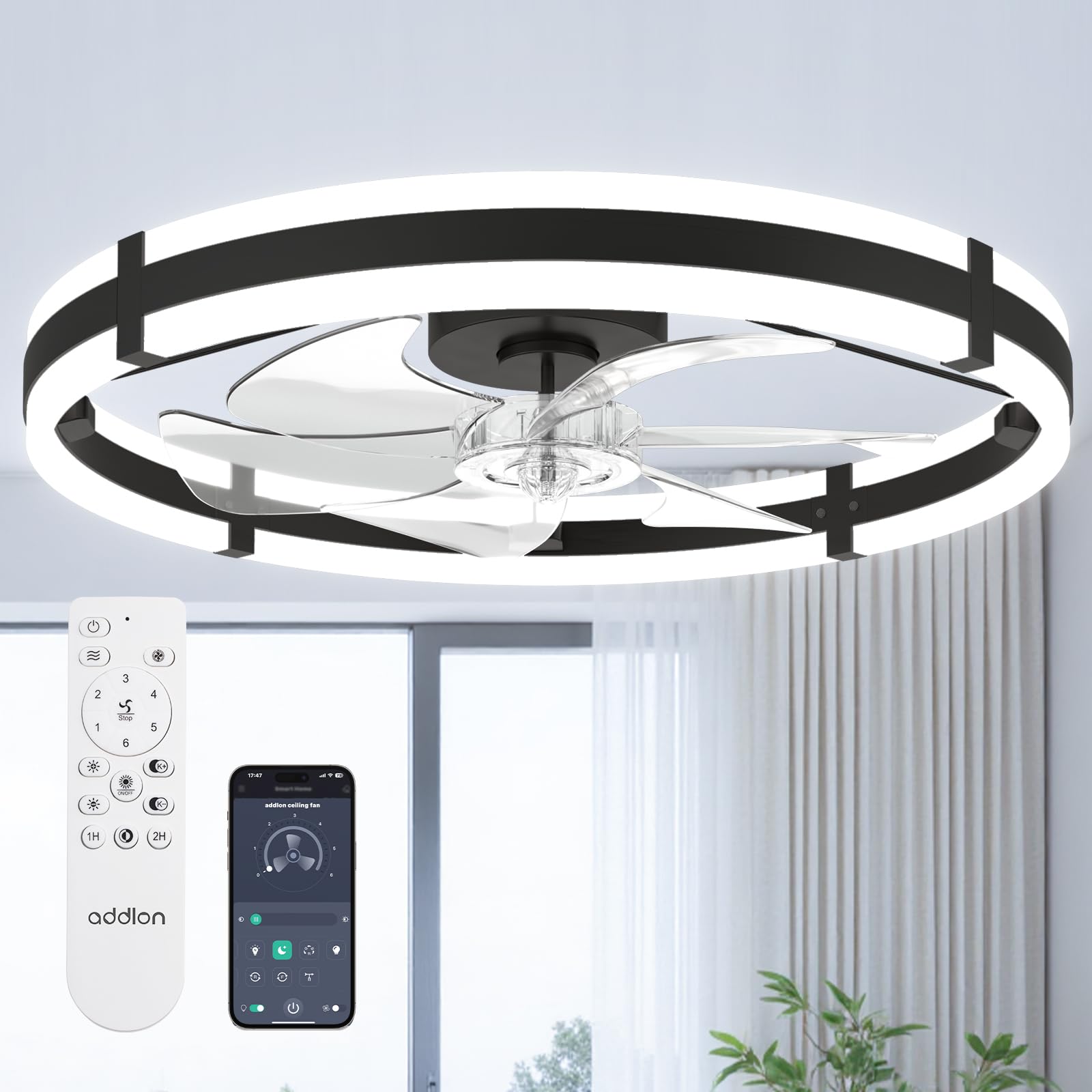 addlon 24" Low Profile Fandelier Ceiling Fans with Lights and Remote, Black | Wi