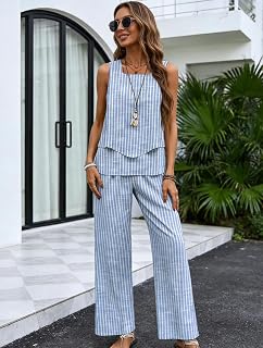 Women Summer 2 Piece Set Striped Sleeveless Faux Linen Square Neck Wide Leg Pants Jumpsuit Beach Holiday
