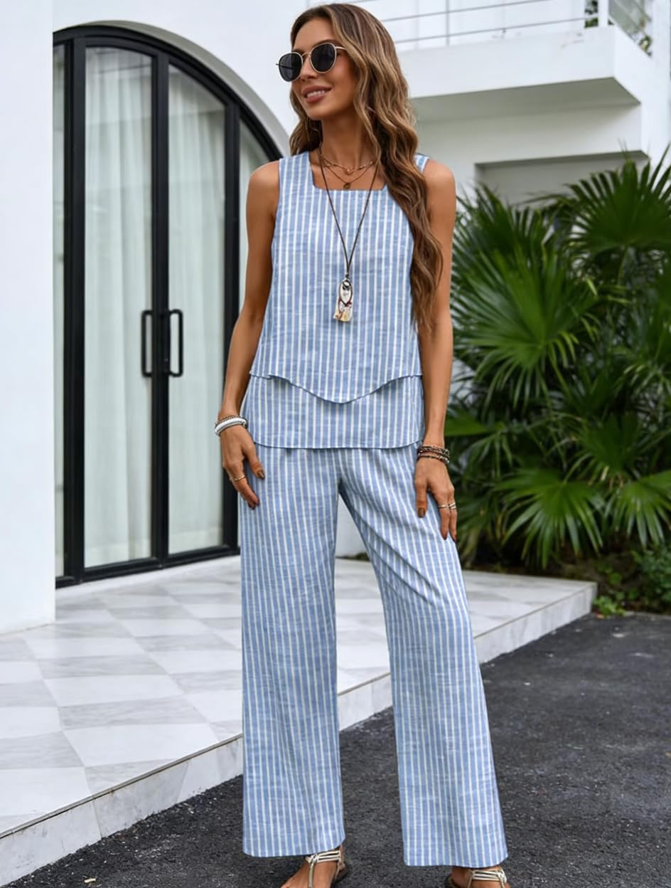 Women Summer 2 Piece Set Striped Sleeveless Faux Linen Square Neck Wide Leg Pant