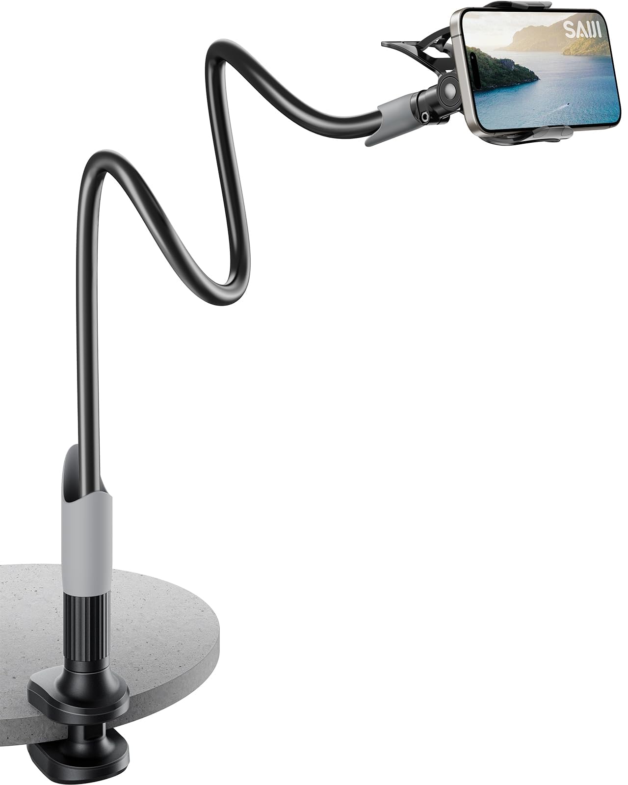 SAIJI Gooseneck Bed Phone Holder, Flexible Long Arm Phone Mount for Desk, Clip B