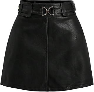 Verdusa Women's PU Leather Skirt Buckle Belted A Line Mini Skirt Retro Chic