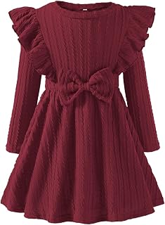 Toddler Girl Christmas Dress Baby Sweater Dresses Ruffle Ribbed Knit Long Sleeve A-Line Swing Fall Winter