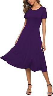 EXCHIC Women's Casual Round Neck Short Sleeve Midi Dress Solid Stretchy Waist Knee Long Dress