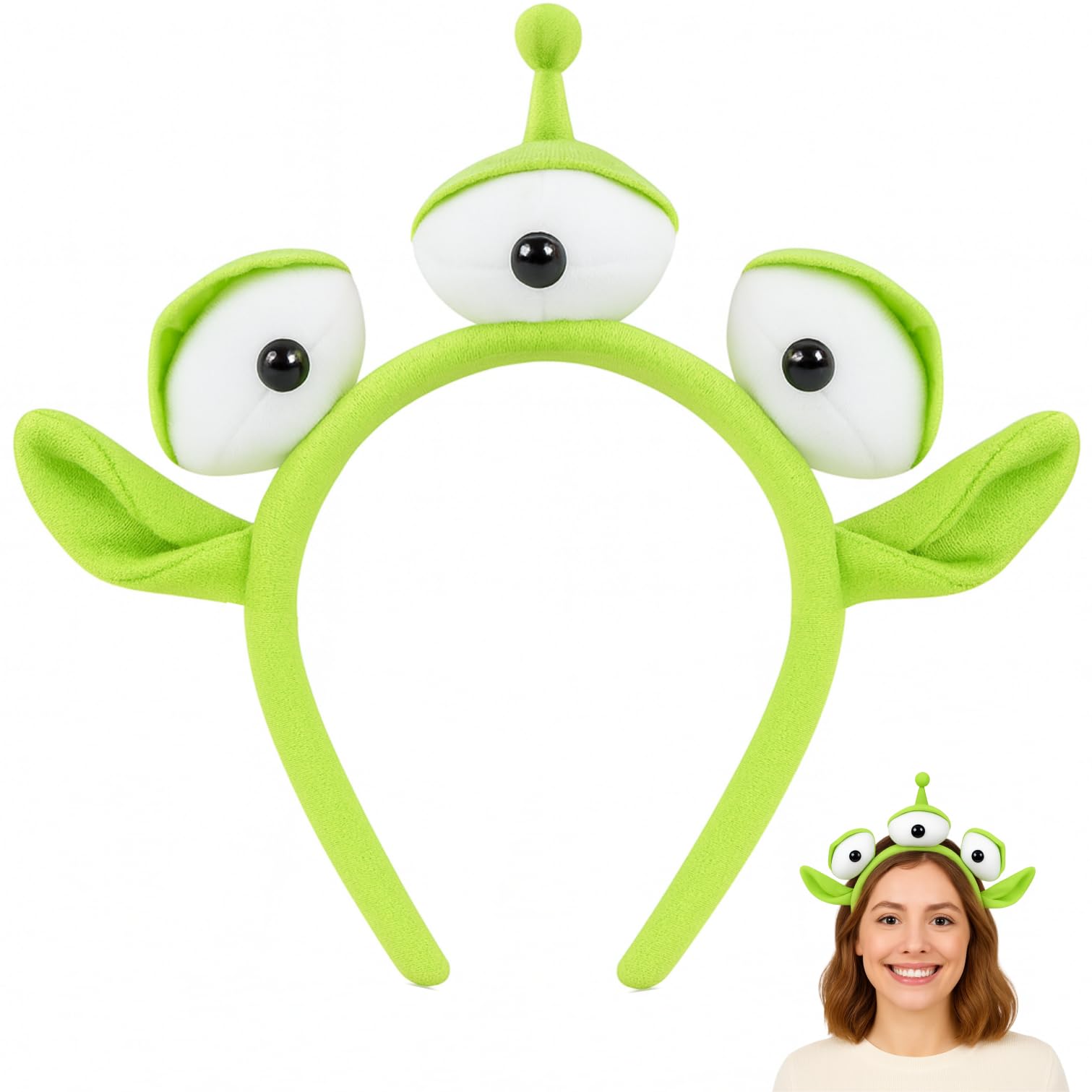 Alien Costume Headband – Green 3 Eyes Plush Alien Ears Headband for Kids Hallowe