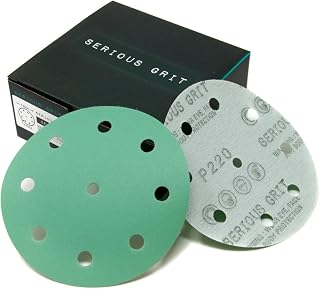 Serious Grit - 5-Inch 9-Hole P220 Grit Sanding Discs - 50 Pack Box | Fits Festool ETS / RO 125 Sanders - Heavy-Duty Hook & Loop Wet/Dry Film Sandpaper For Wood, Auto Body, Paint, Metal, & More