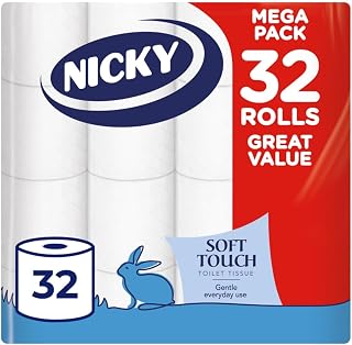Nicky Soft Touch, 32 Rolls of Toilet Tissue, 2-Ply | 190 Sheets per Roll, Extra Gentle White and Soft Tissue, Modern Embossing, Easy Opening, 100% FSC Certified Paper