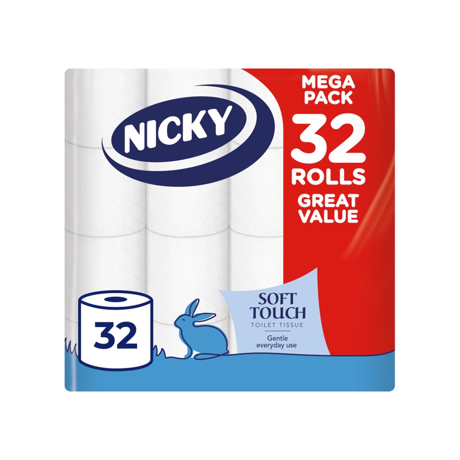 Nicky Soft Touch, 32 Rolls of Toilet Tissue, 2-Ply | 190 Sheets per Roll, Extra 