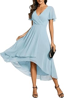 Ever-Pretty Women's Spring Summer Chiffon Wedding Guest Dresses V Neck Ruffle Sleeves Midi Semi Formal Cocktail Dress