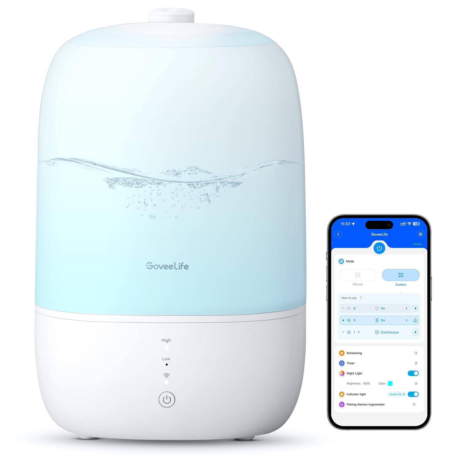 GoveeLife Smart Humidifiers for Bedroom, 3L Top Fill Cool Mist Humidifier | 24dB