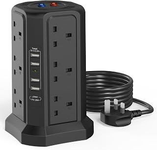 HAFINO Tower Extension Lead with 18W USB C Slots, 12 Way Multi Plug Socket | Surge Protected Extension Lead (13A 3250W) , 1.8M Black Extension Cable with Switches and 5 USB for Home, Office
