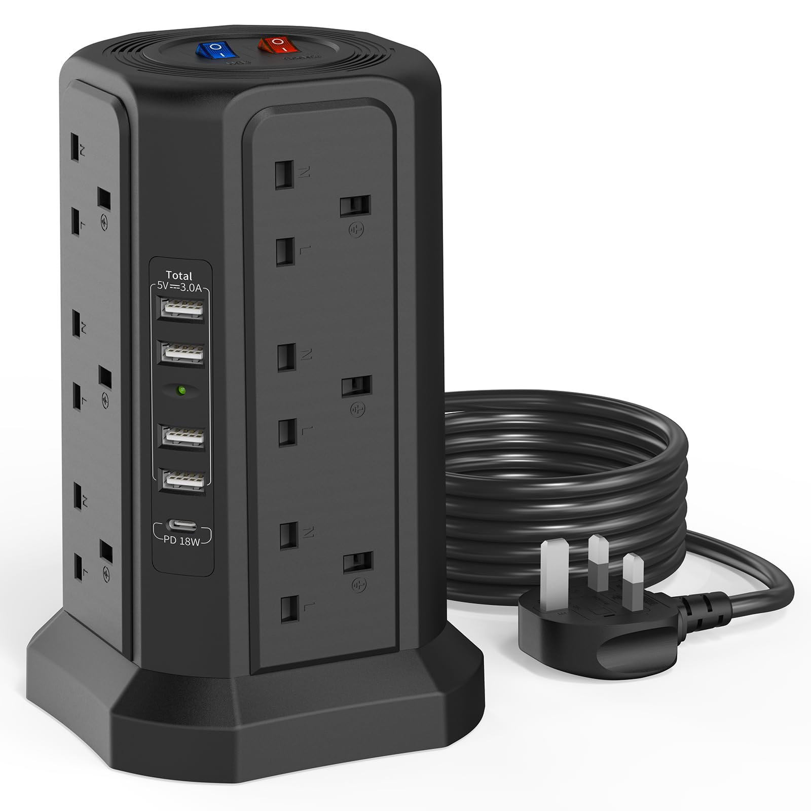 HAFINO Tower Extension Lead with 18W USB C Slots, 12 Way Multi Plug Socket | Sur
