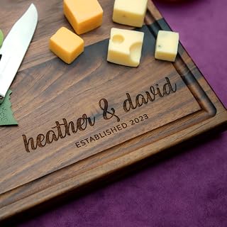 Personalized Corner Script Established Cutting Board, Custom Engraved with Names & Date, Straga Handmade Wood Charcuterie, Wedding, Anniversary & Housewarming Gift for Couples & Parents