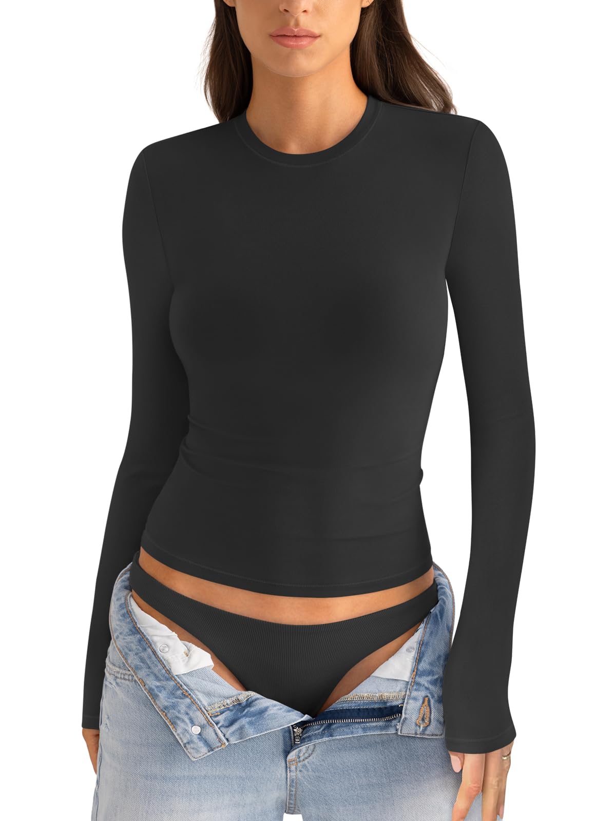 EasyGala Womens Cotton Long Sleeve Shirts Crew Neck Fitted Basic Going Out Outfi