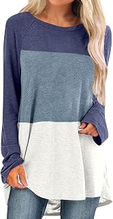 Women's Casual Long Sleeve Crewneck Tops Lightweight Color Block Tunic Shirt Bell Sleeve Pullover Loose Fit Blouse