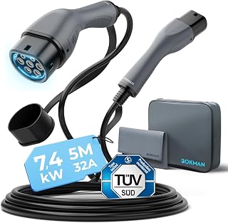 bokman Type 2 EV Charging Cable 7.4KW 5 Meters | Mode 3, 32A, 1 Phase, Electric Vehicle Car Plug-in Hybrid Type 2 to Type 2 Fast Charging Cable