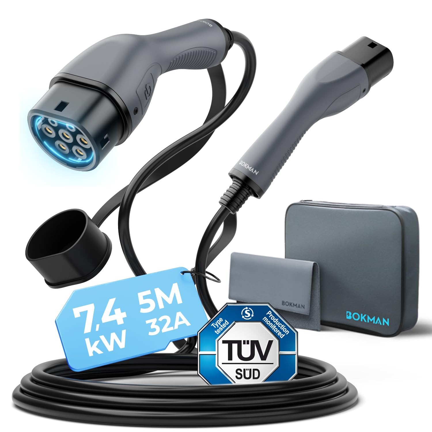bokman Type 2 EV Charging Cable 7.4KW 5 Meters | Mode 3, 32A, 1 Phase, Electric 