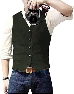 Solovedress Men's Casual Wool Herringbone Suit Waistcoat V-Neck Tweed Waistcoat for Wedding Groomsmen