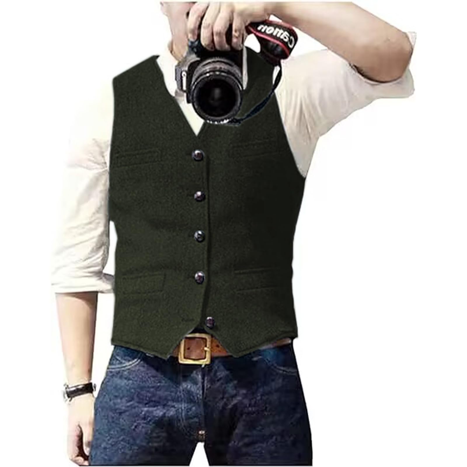 Solovedress Men's Casual Wool Herringbone Suit Waistcoat V-Neck Tweed Waistcoat 