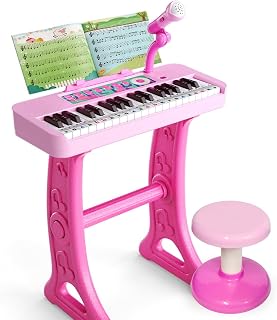 Kids Piano Keyboard Toy with Stool Toddler Girls Pink Toy Piano with Stand | Toy Piano wtih Stand, Stool, Microphone, Music Book & Note Stickers, 3 4 5 6 7 Year Old Girl Birthday Gift for 3 4 5 6 7