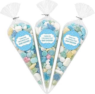 Baby Shower Sweet Cone Bags – 10 Clear Bags, Blue Stickers & Ties | 10 clear 30cm cone bags • 10 blue thank-you stickers • 10 metallic ties • Ideal for baby shower favours • Sweets not included