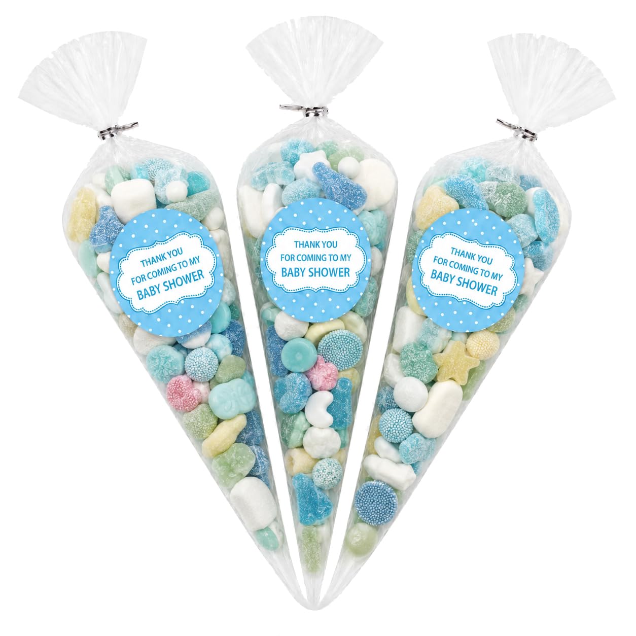 Baby Shower Sweet Cone Bags – 10 Clear Bags, Blue Stickers & Ties | 10 clear 30c