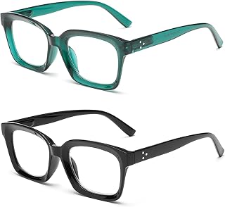 Hubeye Reading Glasses for Women and Men Square Large Frame with Spring Hinges Anti-Blue Light Glasses (Black+Green, 0.00)