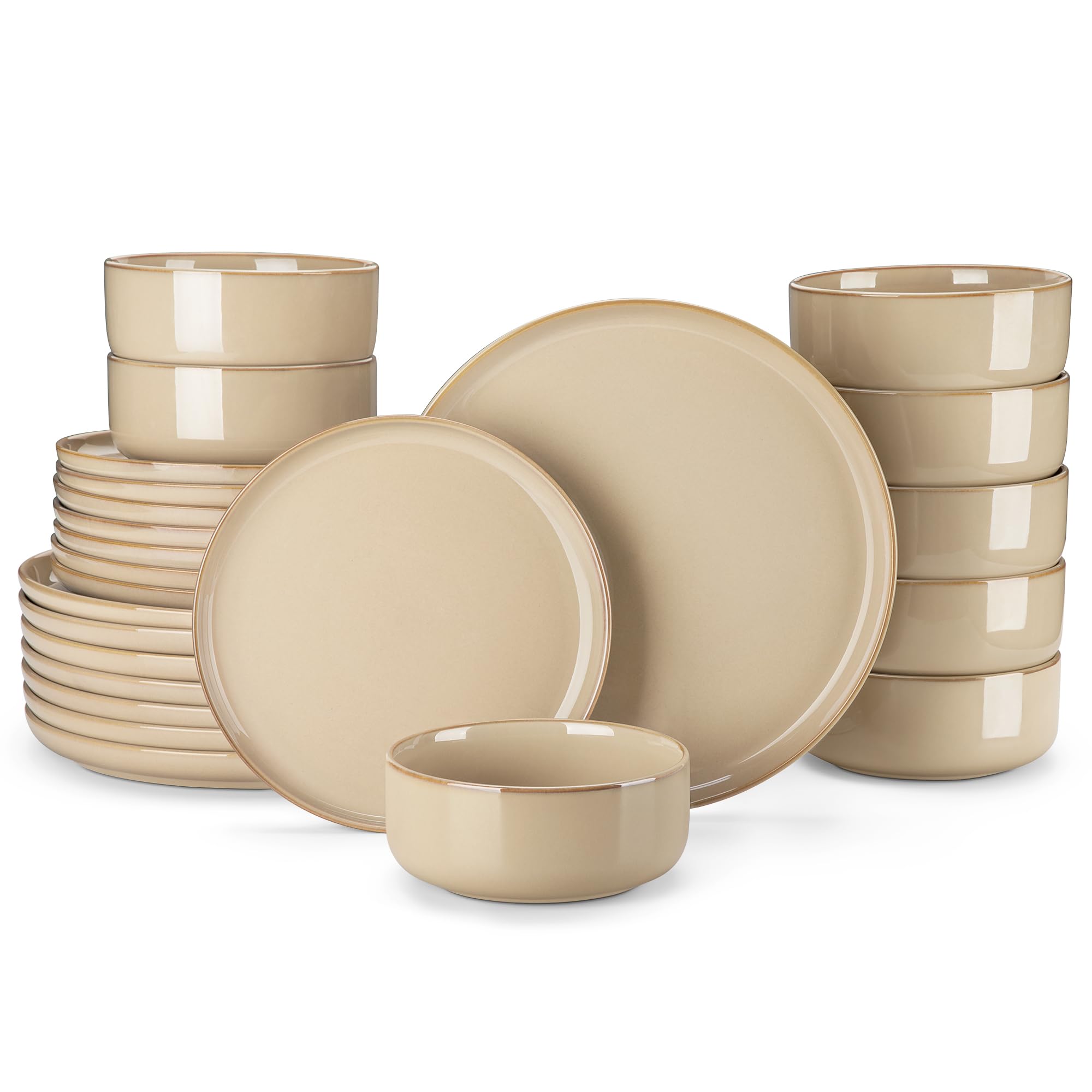 vancasso PLAYA Ceramic Plates and Bowls Sets, 24 Pieces Brown Dinnerware Sets fo