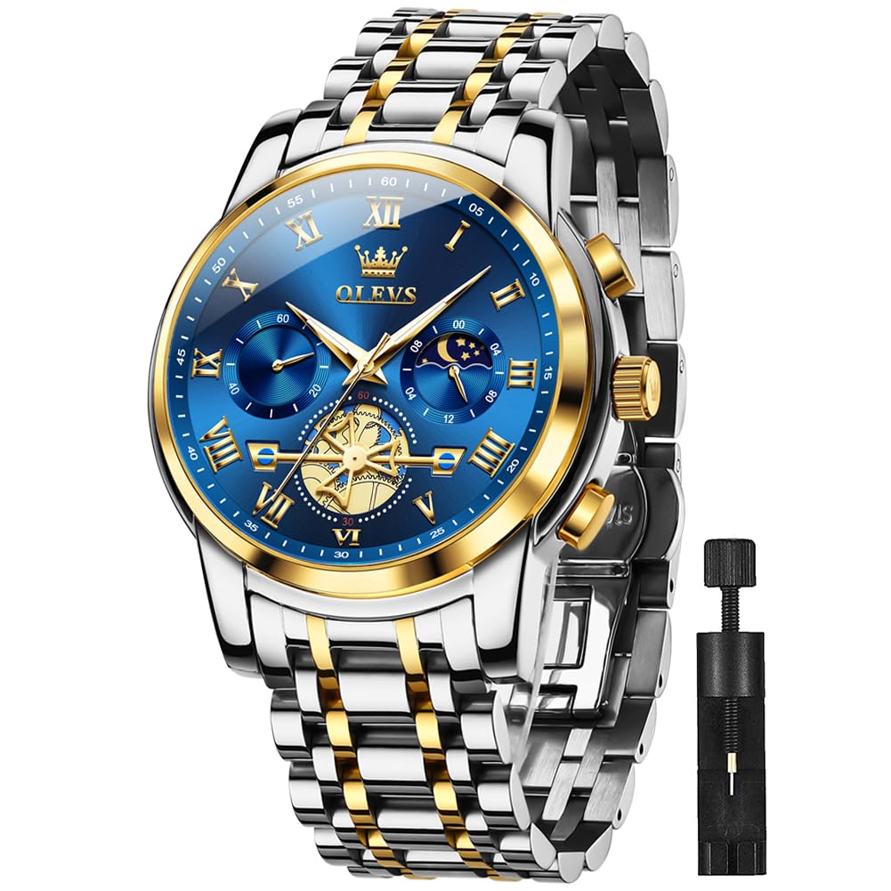 OLEVS Mens Square Analog Quartz Date Stainless Steel Waterproof Luminous Two Ton