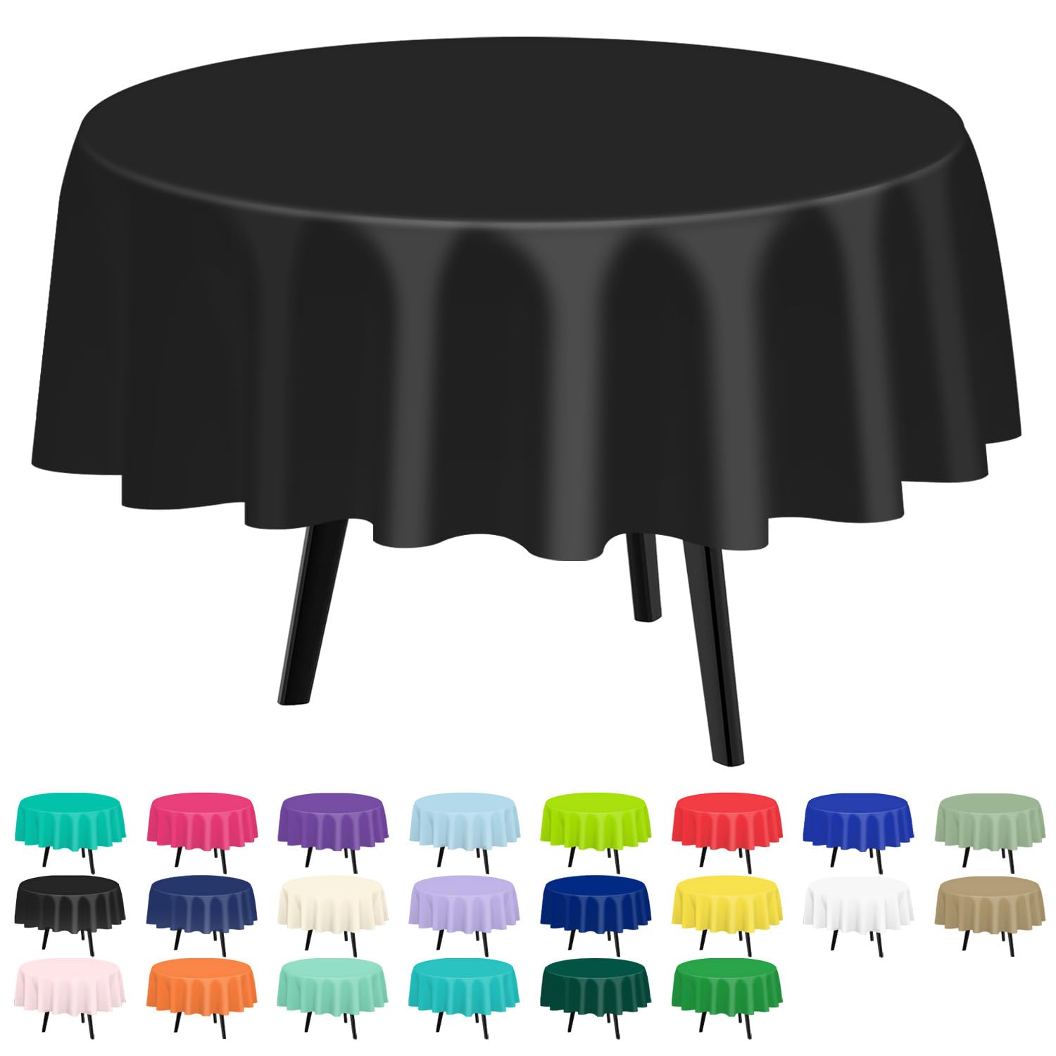 QIKSION 2 Pack Black Plastic Tablecloth Disposable Circle Table Covers Black Tab