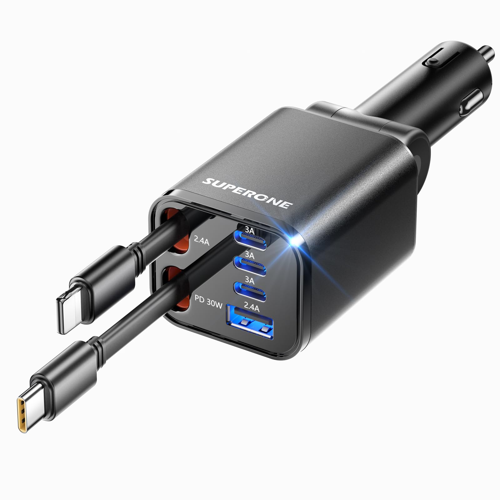 Retractable Car Charger, SUPERONE 99W Car Phone Charger with Dual Cables | 6 in 