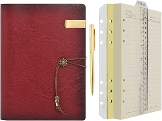 WONDERPOOL A5 Leather Diary Lined Paper Notebook & Pen - Refillable 6 Ring Binder Writing Spiral Journal for Office Travel Work and Plan Agenda(a-Wine red, A5)