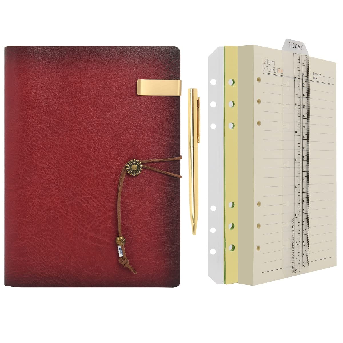 WONDERPOOL A5 Leather Diary Lined Paper Notebook & Pen - Refillable 6 Ring Binde